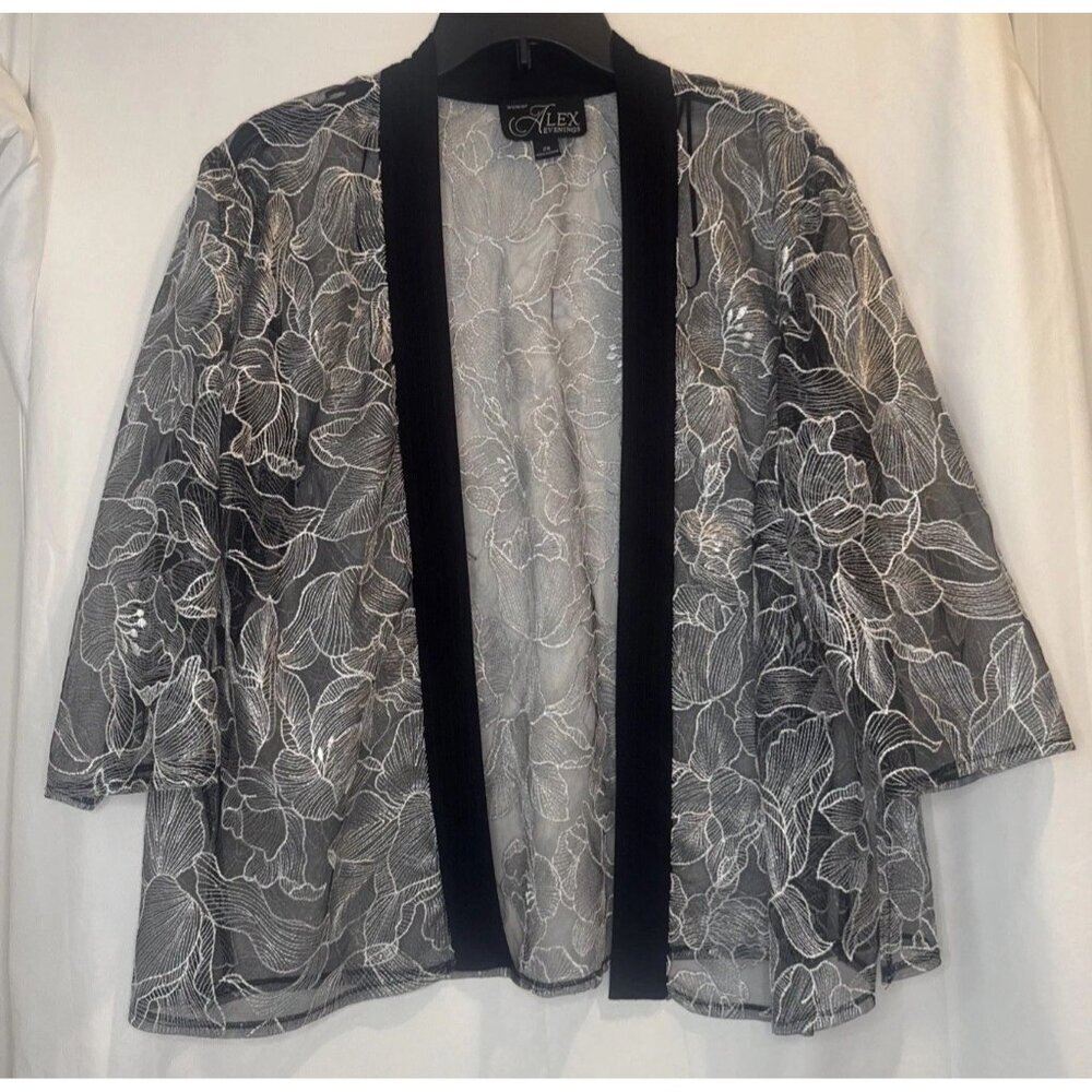 Alex Evenings Women’s Black Silver Floral 3/4 Sleeve Open Front Jacket Sz 2X
